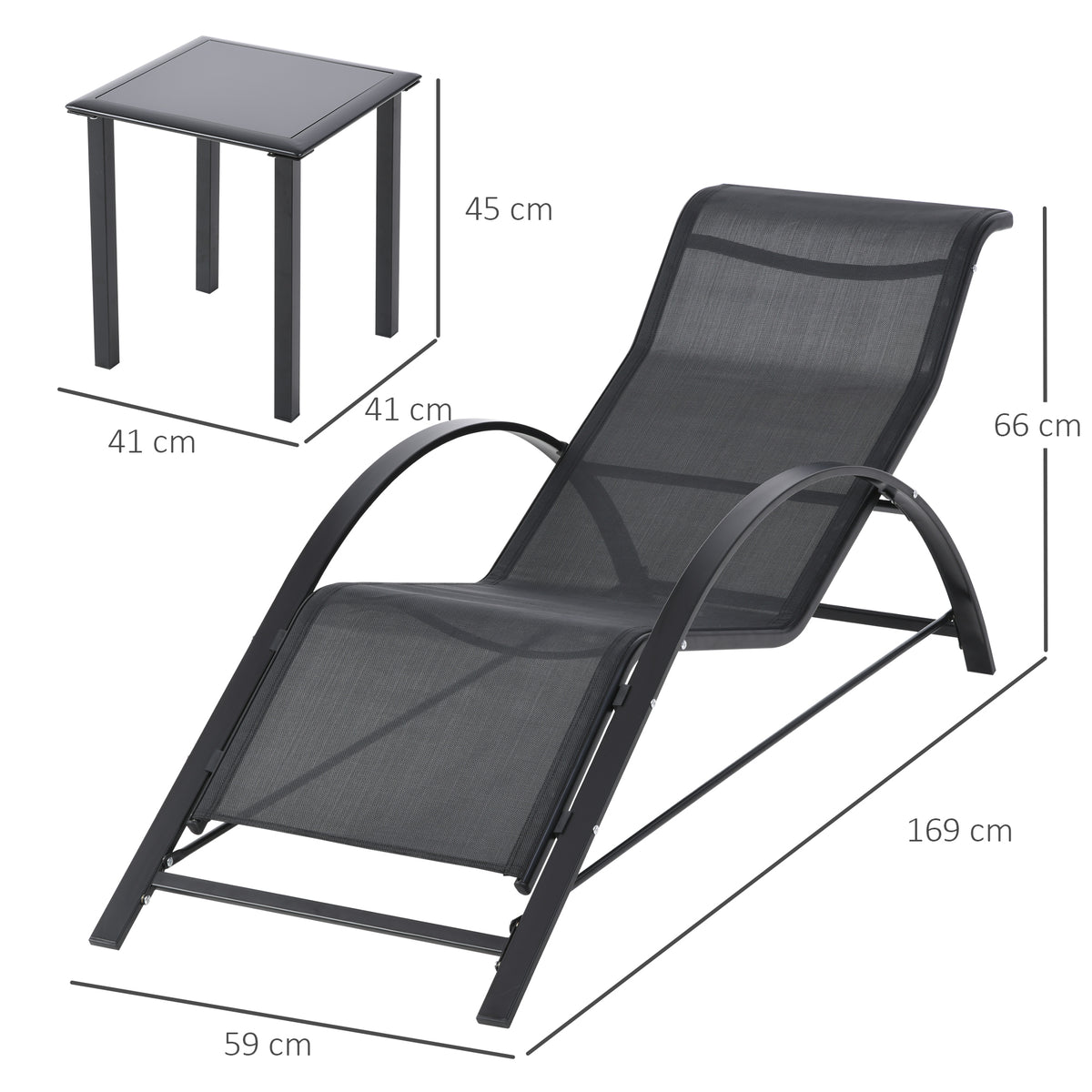 Lot de 2 bains de soleil chaise longue design contemporain table basse plateau verre trempé métal époxy textilène noir-2