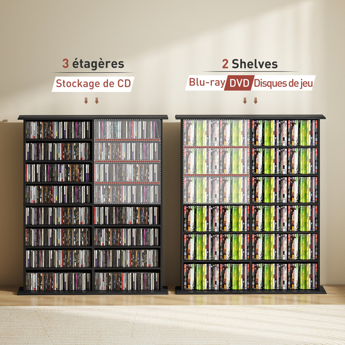 Rangements pour CD et DVD avec 16 compartiments et 12 étagères réglables capacité max. 720 CD/396 DVD et Blu-ray noir-6