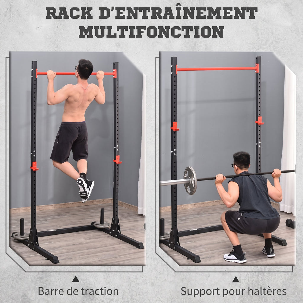 Squat Rack Réglable 32 Niveaux en Acier, Crochet, Barre de Traction, Base Antidérapante, 117,5x122x226cm, Noir-3