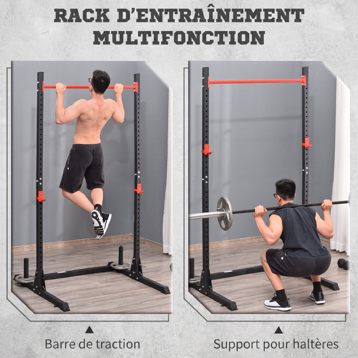 Squat Rack Réglable 32 Niveaux en Acier, Crochet, Barre de Traction, Base Antidérapante, 117,5x122x226cm, Noir-3