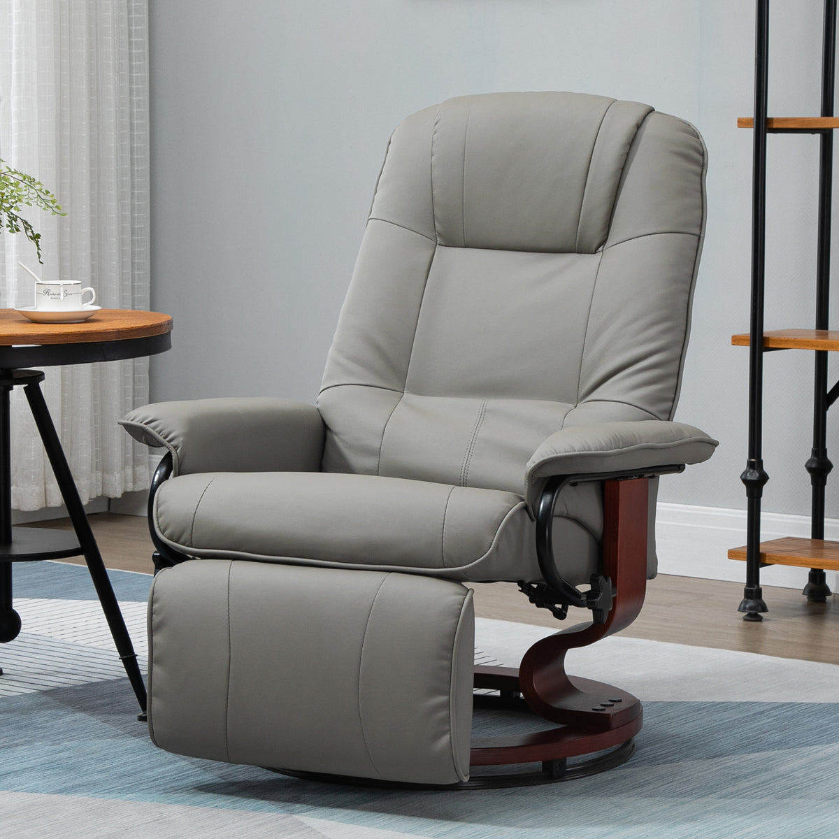 Fauteuil relax inclinable repose-pieds réglable pivotant 360° piètement bois revêtement PU respirant et doux gris-1