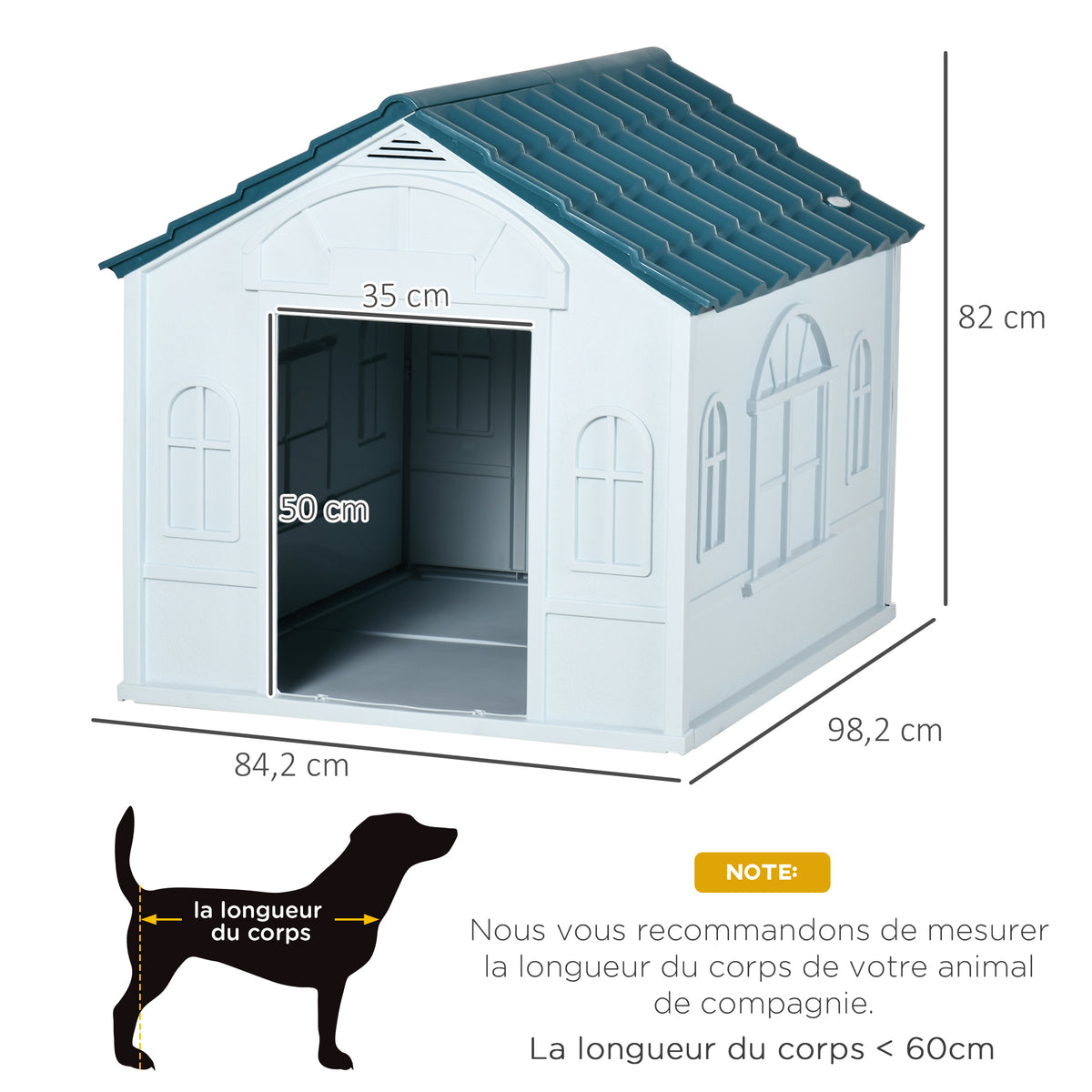 Niche pour Chien Extérieur avec Toit en Pente et Porte Avant Ouverte, pour Chiens Moyens et Grands, 84,2x98,2x82cm, Bleu-2