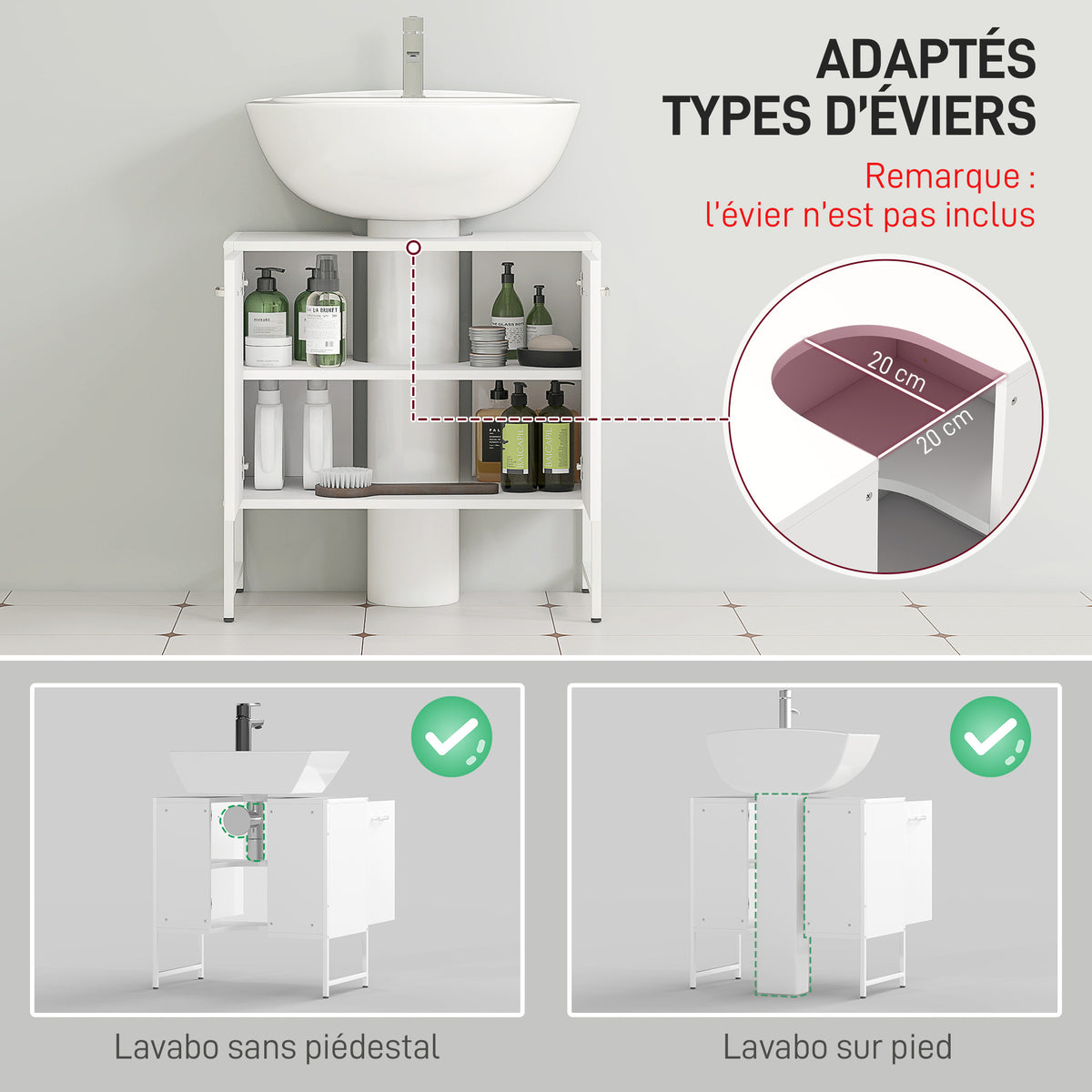 Meuble sous lavabo, meuble de salle de bain avec 2 portes à fermeture douce et étagère réglable, blanc-3