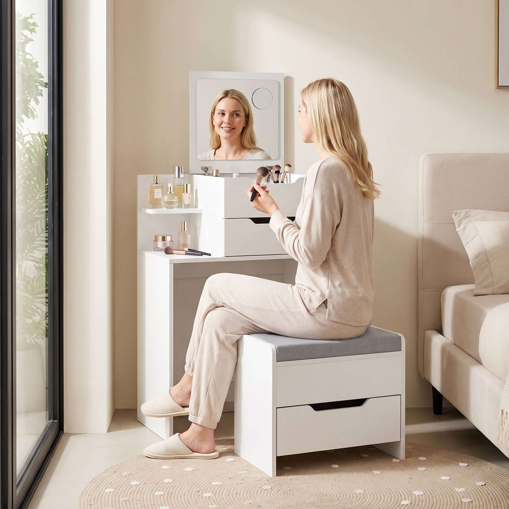 Coiffeuse avec Miroir Rabattable, Tabouret à Roulettes, Siège Rembourré, Tiroir, Étagère, Compartiment, Blanc-1