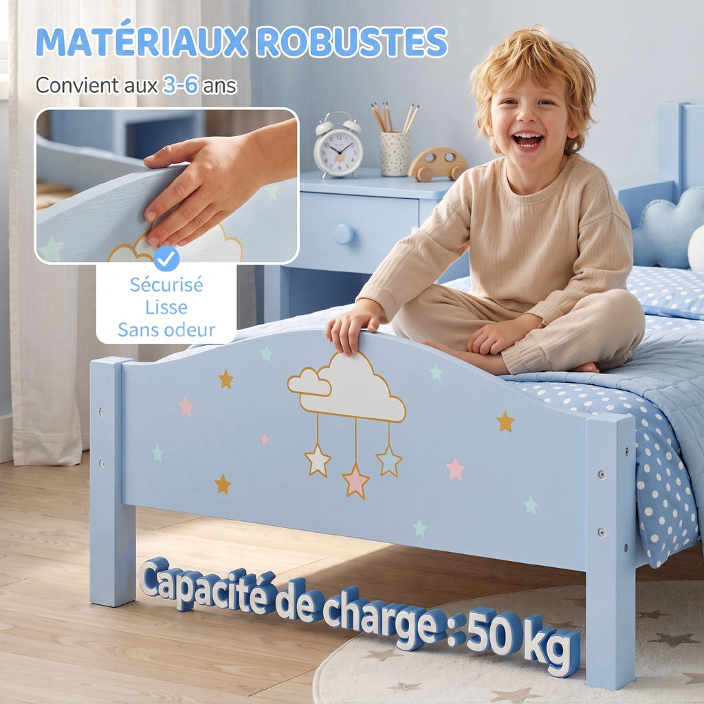 Lit Enfant 70 x 140 cm, Lit pour Enfant avec Barrière de Sécurité et Sommier à Lattes en Bois, Motif Nuage, Bleu-6