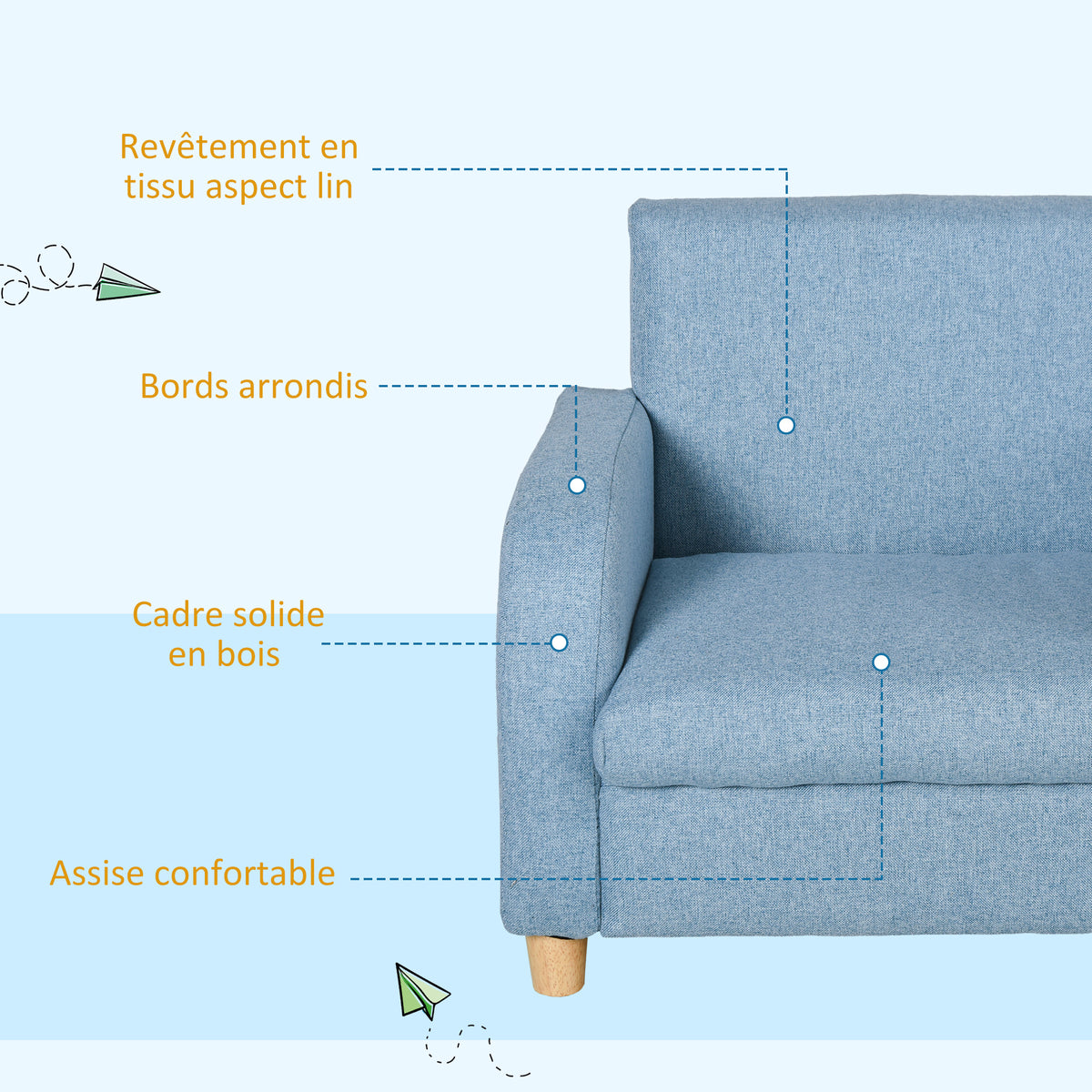 Fauteuil Enfant Design scandinave accoudoirs Assise Dossier garnissage Mousse piètement Bois Caoutchouc Lin Bleu-4