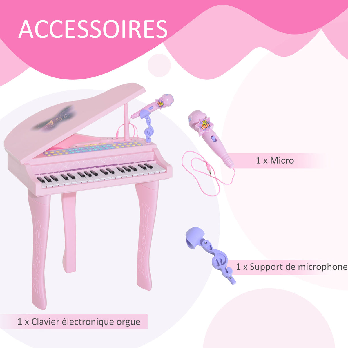 Piano à Queue électronique 37 Touches Multifonctions avec Micro Haut Parleur Rose-7