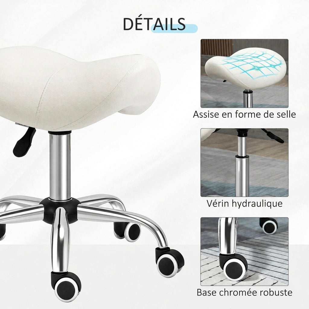 Tabouret à roulettes, tabouret de massage avec hauteur réglable 49-61 cm et selle ergonomique, chaise de travail à roulettes pivotant 360°, pour salon de massage tatouage clinique spa, blanc-5