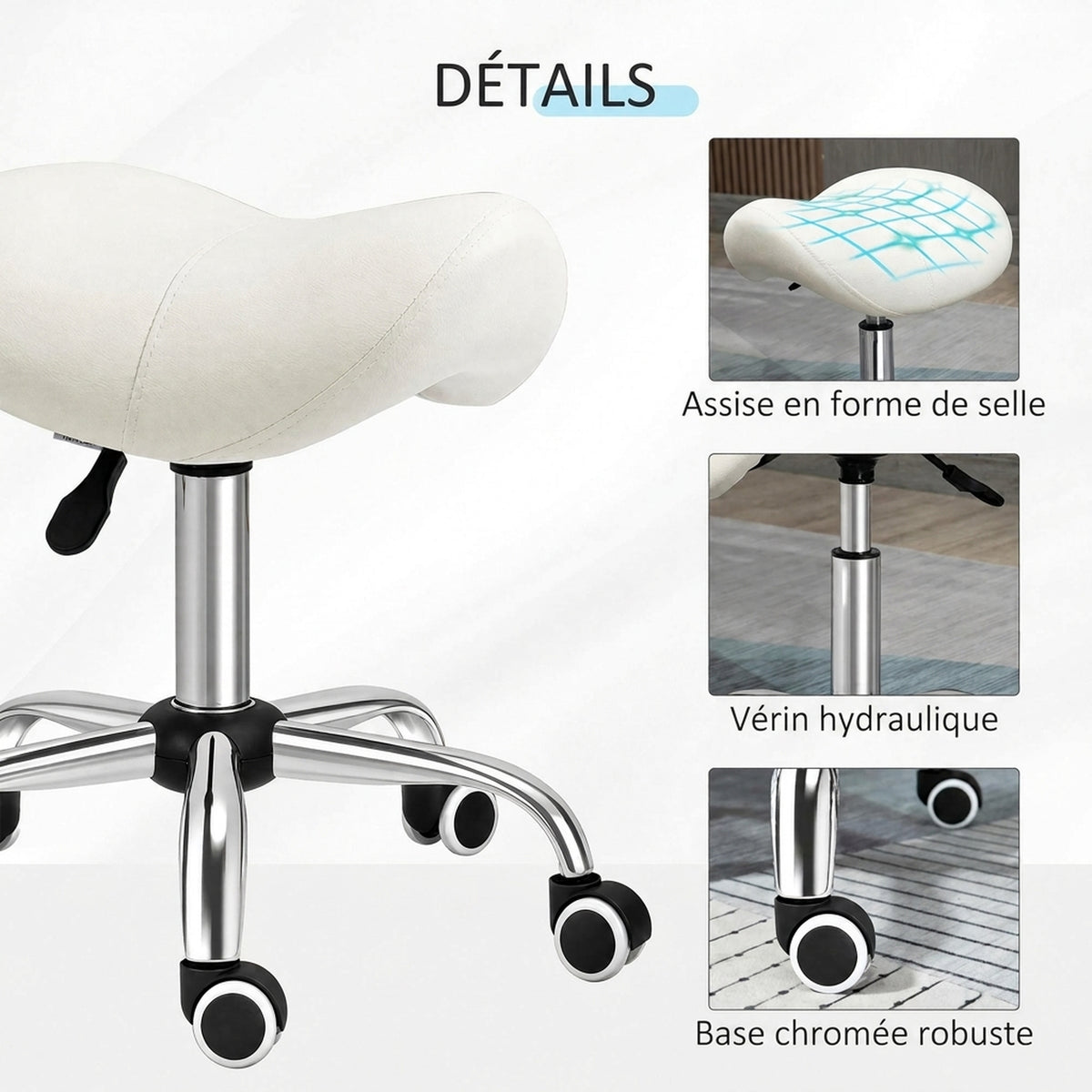 Tabouret à roulettes, tabouret de massage avec hauteur réglable 49-61 cm et selle ergonomique, chaise de travail à roulettes pivotant 360°, pour salon de massage tatouage clinique spa, blanc-5