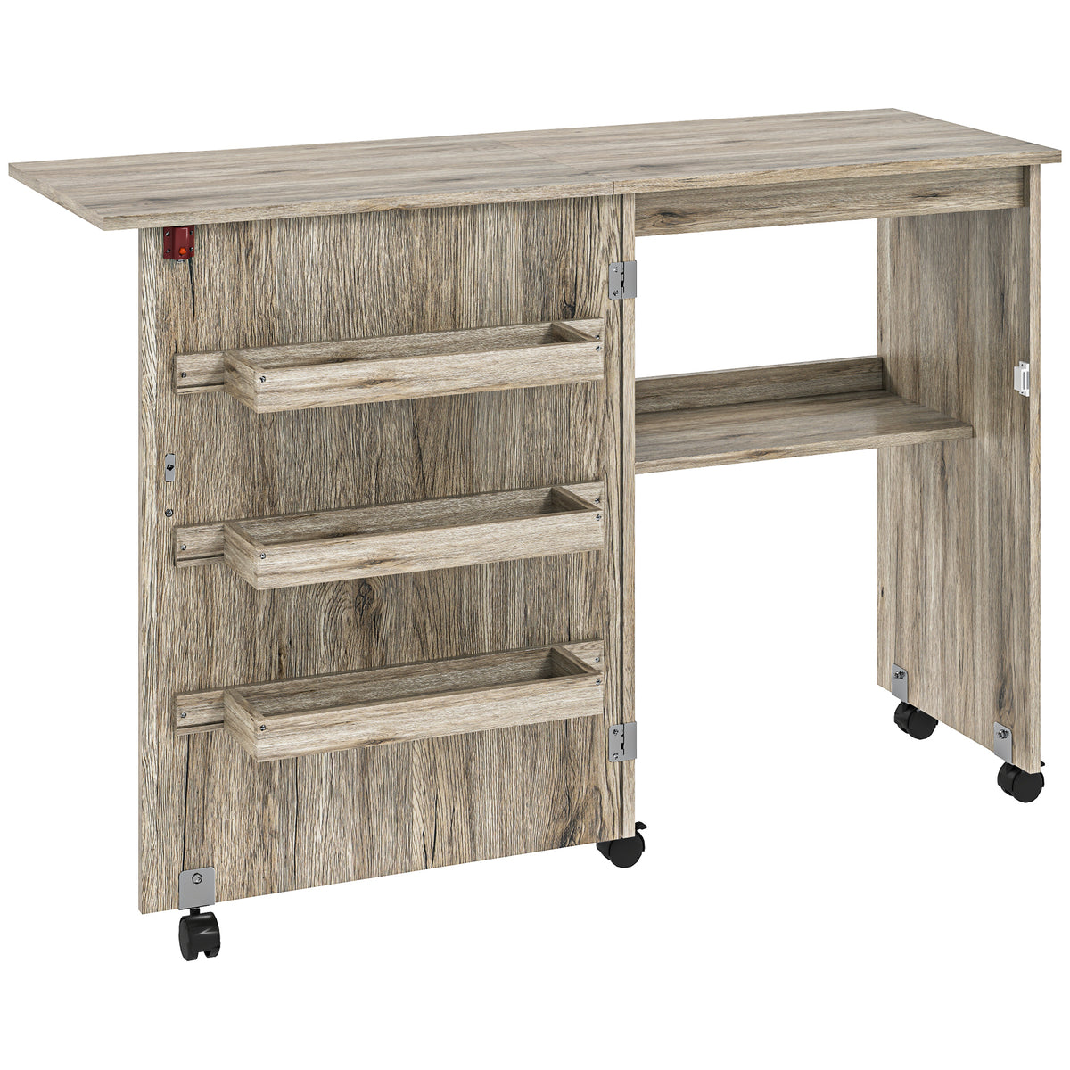 Table de couture pliante meuble couture à abattant avec bacs de rangement, étagère ouverte et roulettes effet bois grisé-0