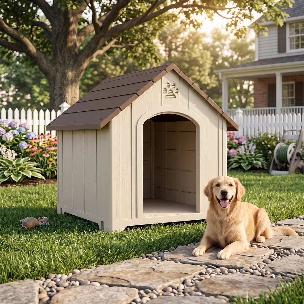 Niche pour chien extérieur, maison chien en polypropylène imperméable, ventilé, plancher surélevé, beige-9