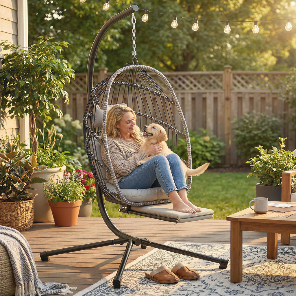 Fauteuil suspendu avec support, chaise suspendue pliante avec repose-pieds rétractable, gris clair-9