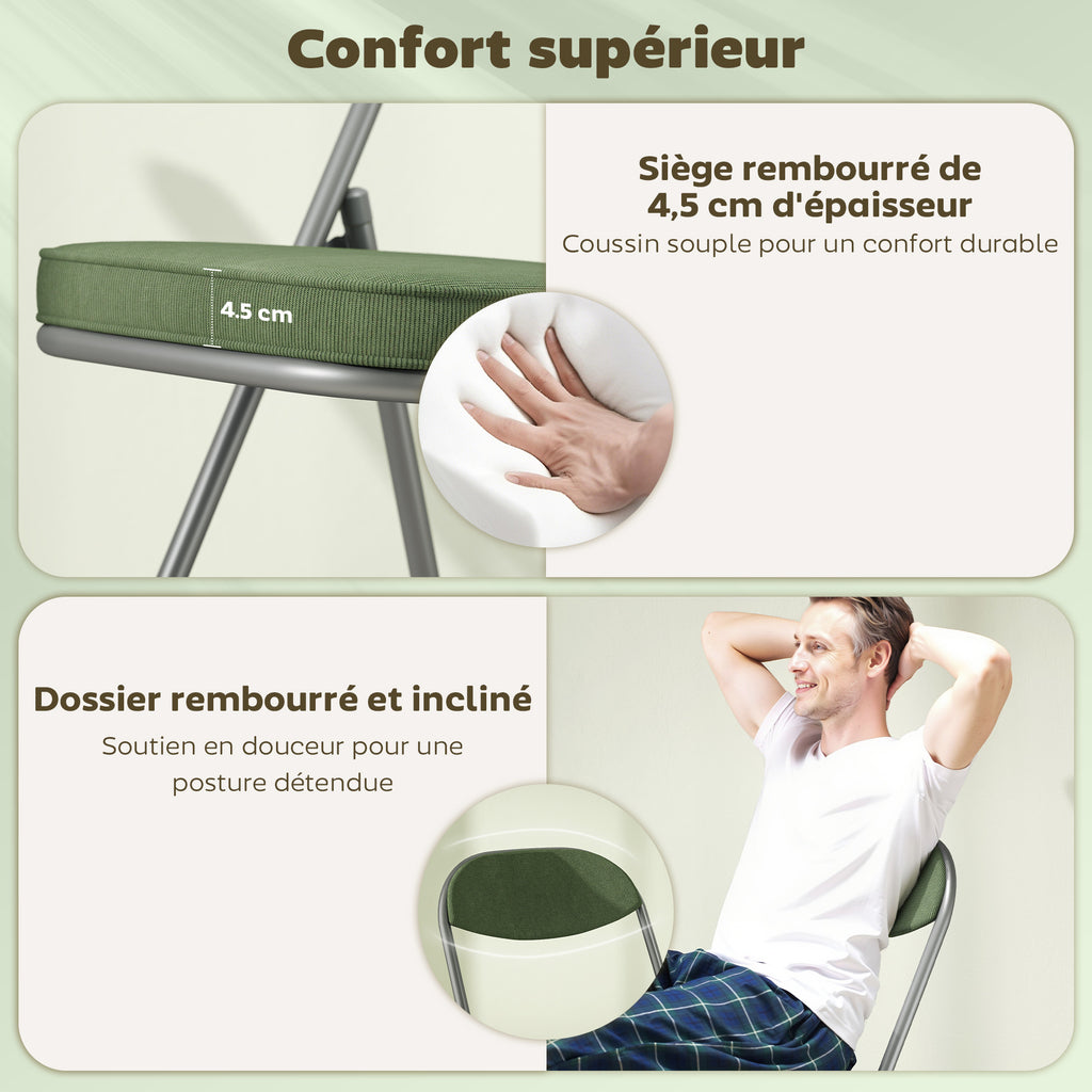 Lot de 4 chaises pliantes chaises de salle à manger portables avec assises et dossiers rembourrés en velours côtelé vert-3