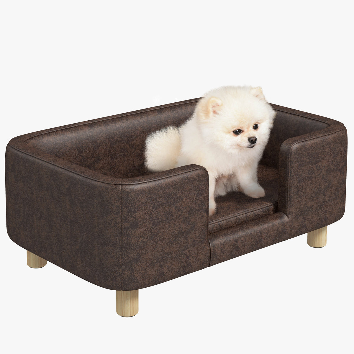 Canapé chien lit pour chien chat avec rebord coussin moelleux pieds bois massif dim. 74 x 48,5 x 31 cm revêtement micro-fibre chocolat-0