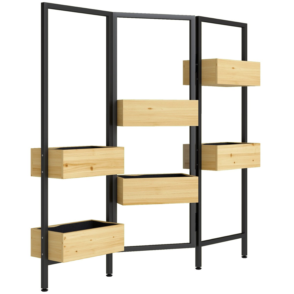 Séparateur de pièce avec 6 bacs, paravent extérieur pliable à 3 panneaux avec trou de drainage et doublure, bois naturel-0