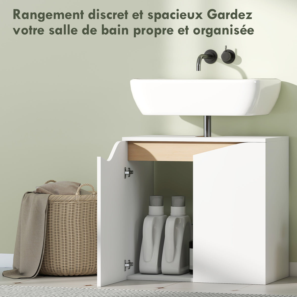 Meuble sous lavabo, meuble de salle de bain avec 2 portes à fermeture douce, 60 x 35 x 57,9 cm, blanc et bois naturel-4