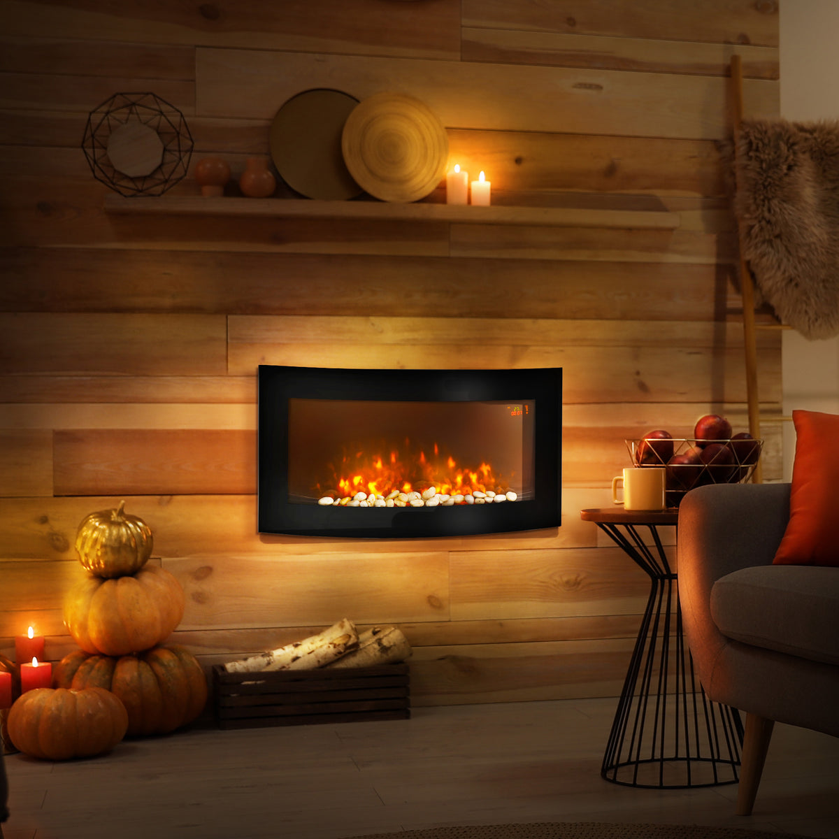 Cheminée électrique Murale éclairages latéraux LED Design Avant-gardiste Affichage LED avec télécommande et minuterie 1000/2000 W luminosité réglable Noir-8