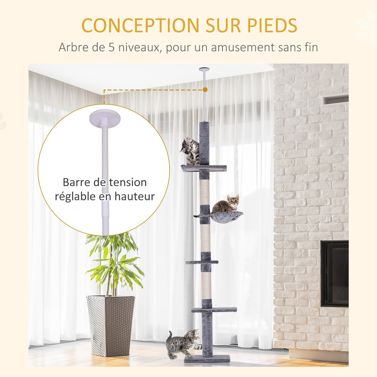 Arbre chat du sol au plafond poteau à griffer L40 x l 34 x H 230-260 cm 5 niveaux d'activités gris-4