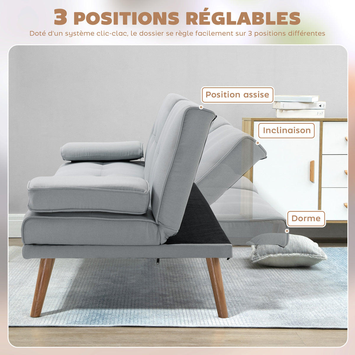 Canapé convertible 3 places, canapé-lit rembourré avec dossier réglable 3 niveaux, 2 coussins et 2 porte-gobelets intégrés, tissu de lin, pour salon, chambre d'amis, petit espace, gris clair-4