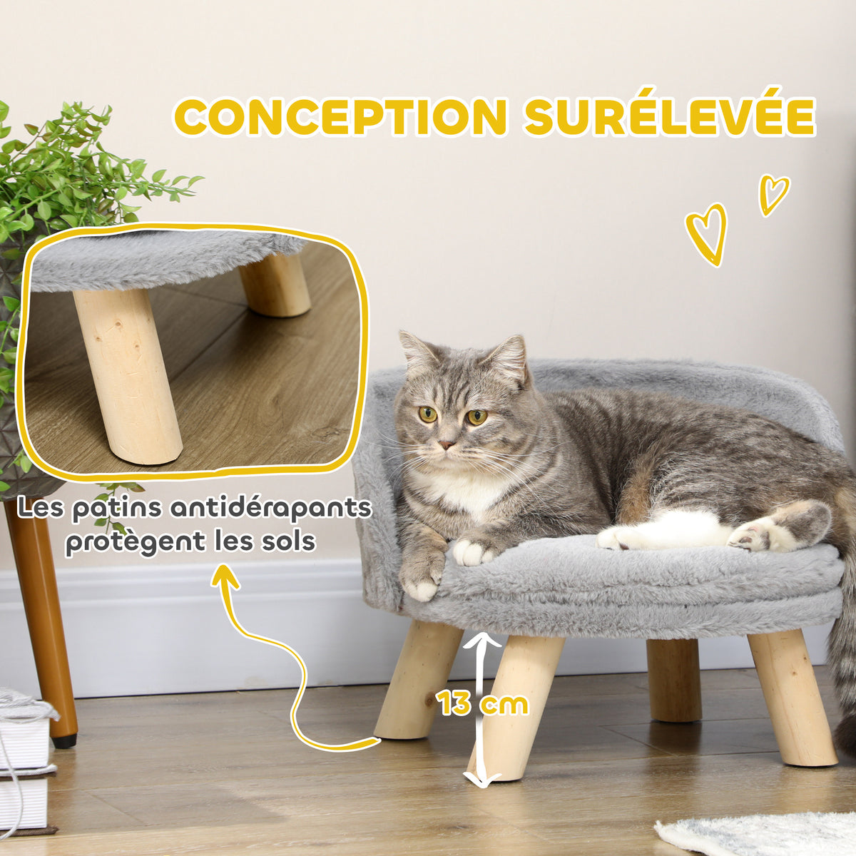 Canapé lit panier pour chien design scandinave coussin moelleux amovible pieds en bois Ø 40,5 x 33H cm gris-5