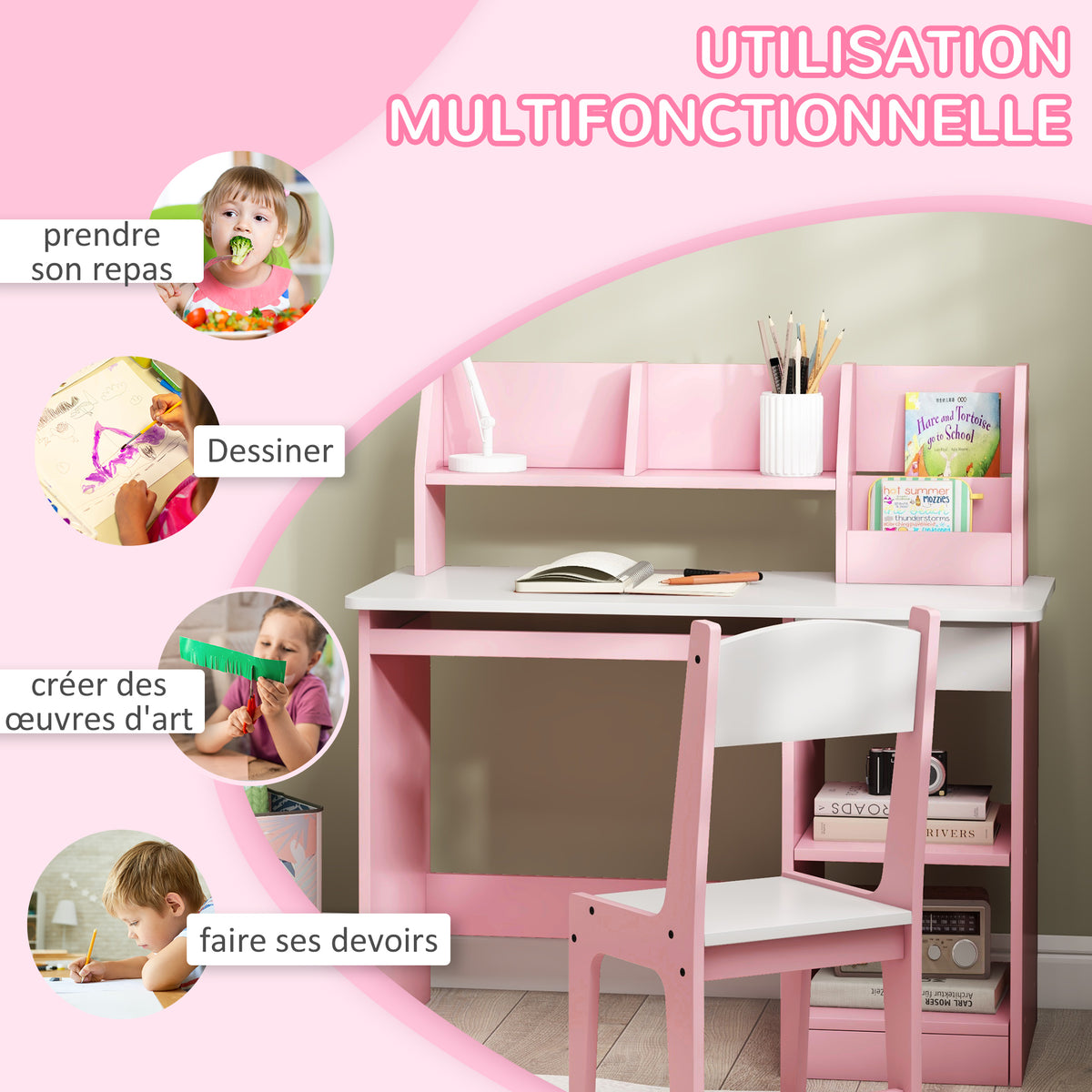 Bureau enfant avec chaise ergonomique avec clavier coulissant tiroir niches et étagères ouvertes 90 x 45 x 90 cm rose-4