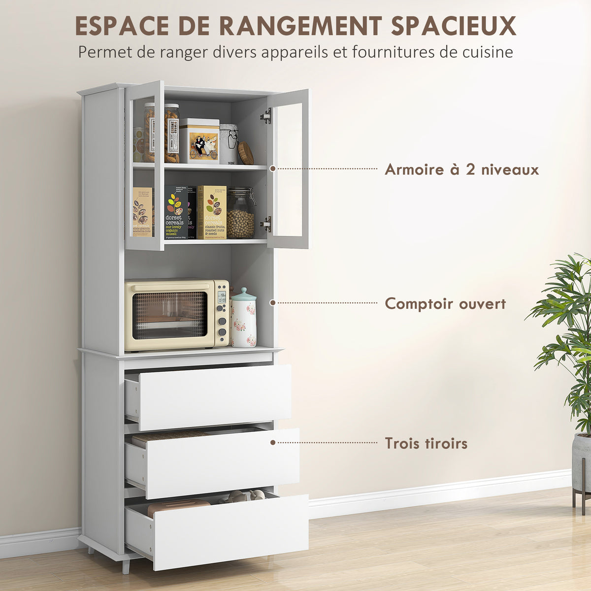 Buffet de cuisine meuble de rangement placard 2 portes 3 tiroirs et niche centrale dim. 68L x 38l x 172H cm MDF blanc-3