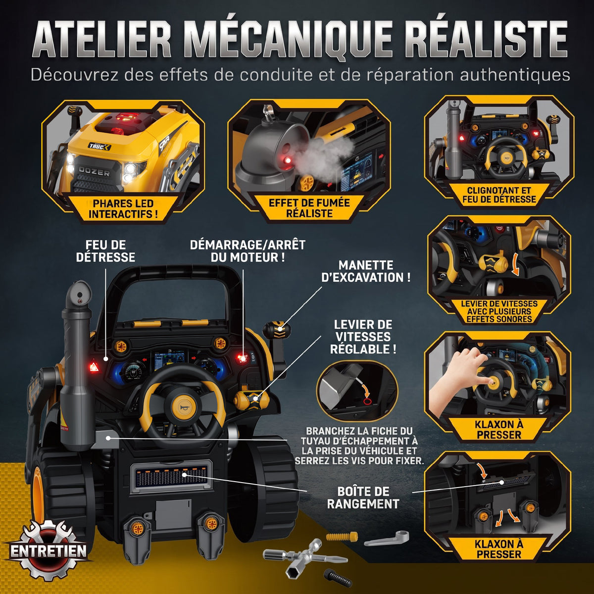 Jouet Moteur de Camion et Pelle pour Enfants, Camion Mécano, Volant, Effet de Brume, Sonores et Lumineux, 3-6 Ans, Jaune-4