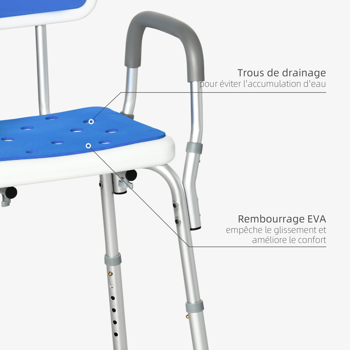 Tabouret de douche chaise de douche ergonomique hauteur réglable pieds antidérapants 56,5 x 53,5 x 87 cm blanc et bleu-3