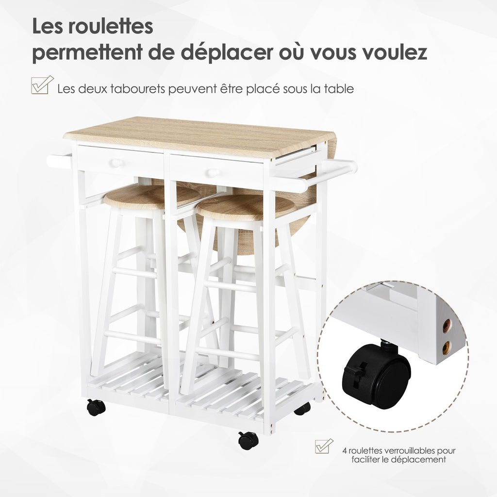 Ensemble Table de Bar Pliable sur roulettes avec étagère et 2 tiroirs + 2 tabourets Bois pin MDF Blanc chêne Clair-4