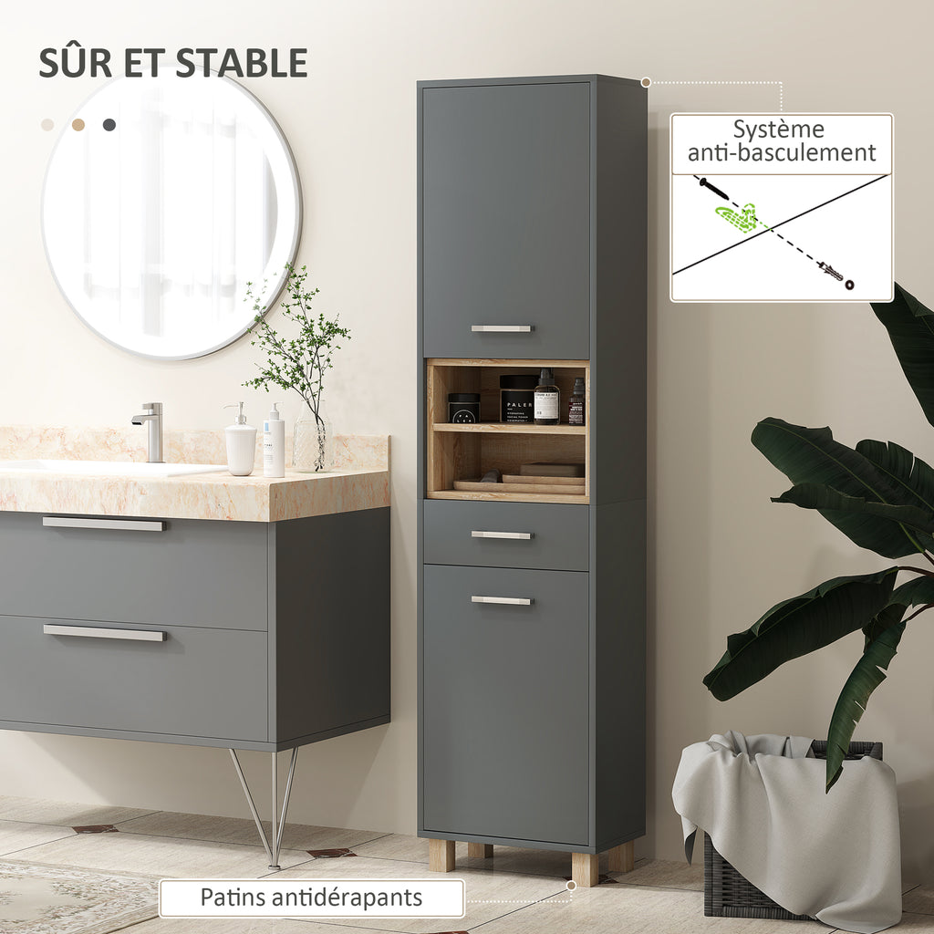 Colonne salle de bain, meuble salle de bain rangement avec 2 placards, tiroir et 2 compartiments ouverts, gris-5