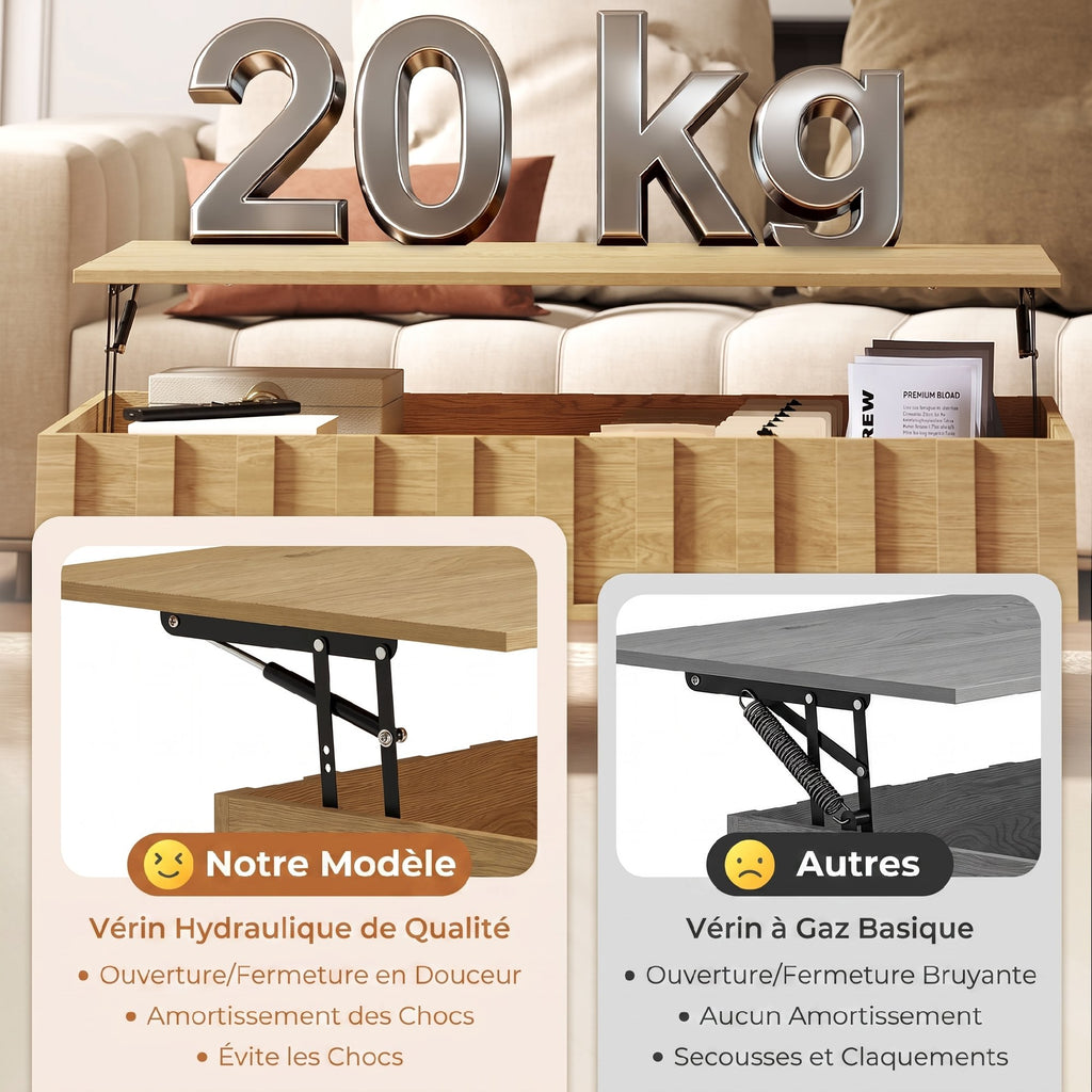 Table Basse Relevable avec 2 Compartiments Cachés et Latéraux Cannelés, Style Mid-Century Modern, 110x55x36,5cm, Chêne-5