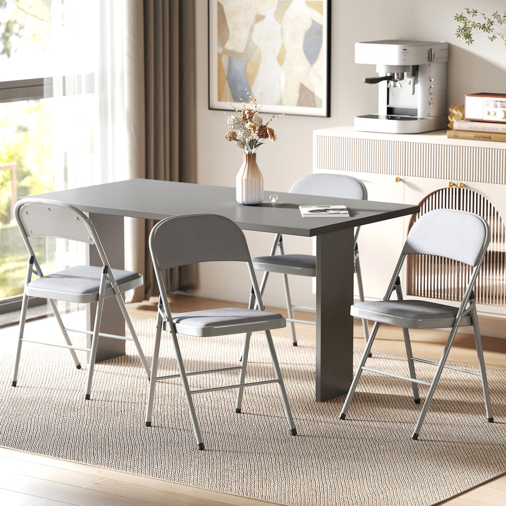 Lot de 4 chaises pliantes et portables intérieur avec assises et dossiers rembourrés en velours, cadre en acier, gris clair-1