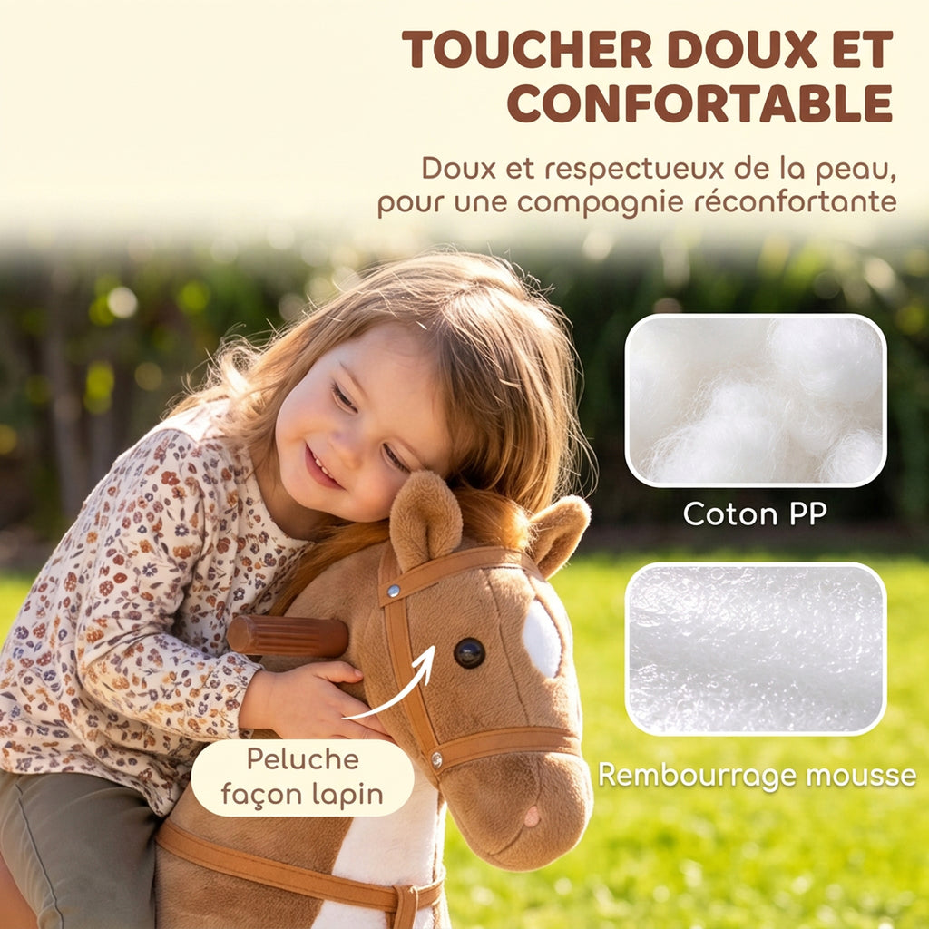 Cheval à Monter pour Enfant sur Roulettes en Peluche, Musique, Effet Sonore, Pédale, Poignée, 73x40x66cm, Marron-6