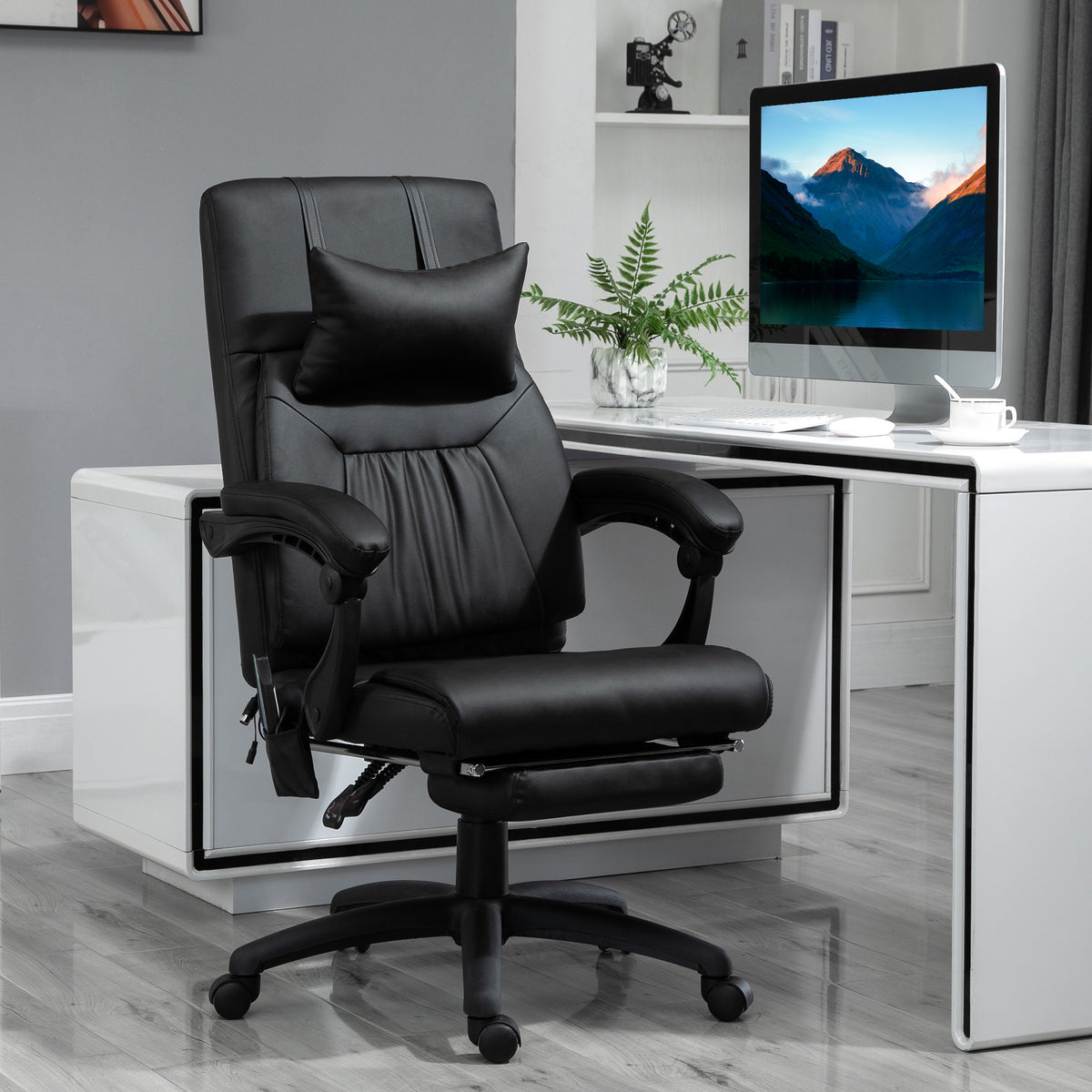 Fauteuil de bureau manager massant repose-pied + tétière intégrés dossier inclinable hauteur réglable 68 x 79 x 104-112 cm noir-1