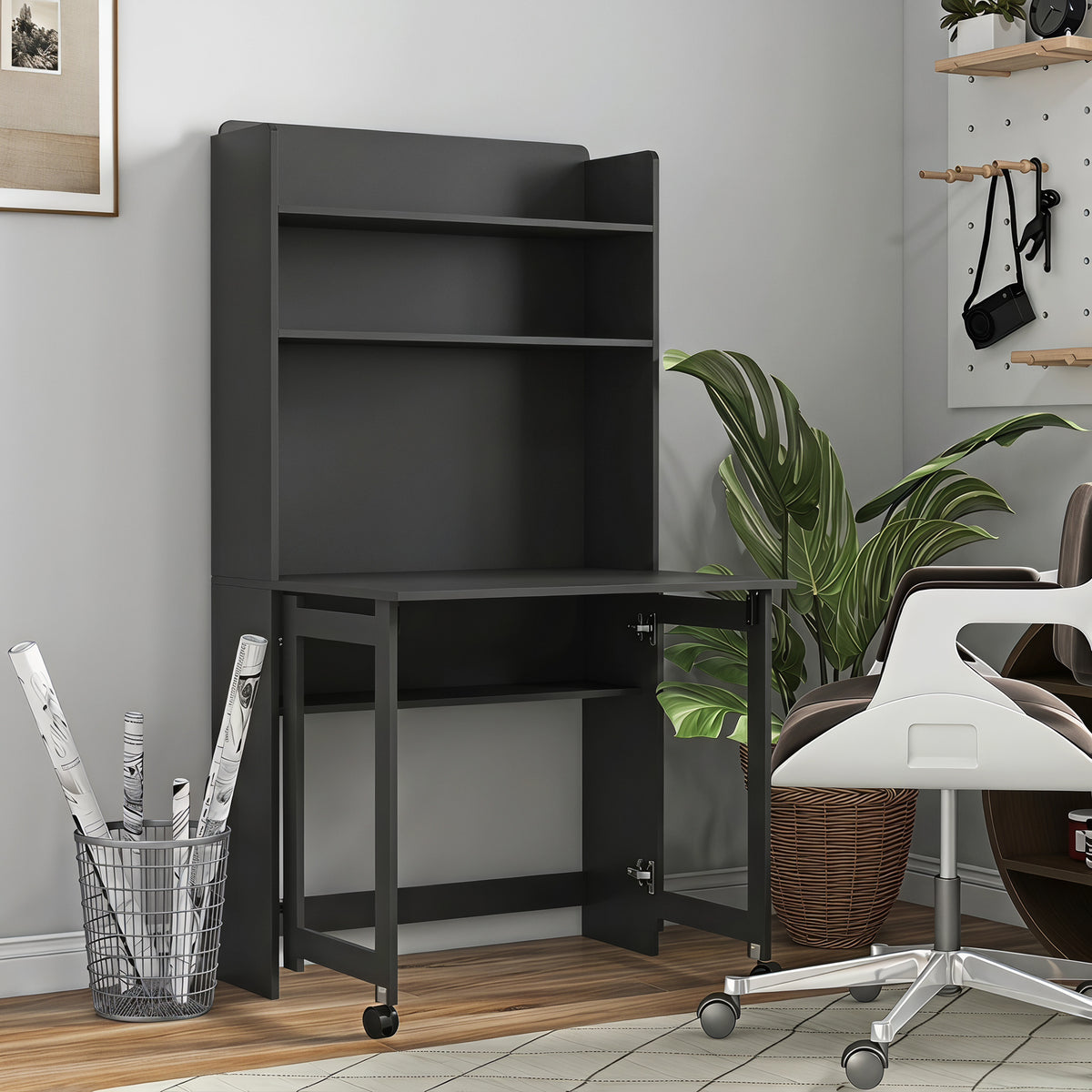 Bureau Informatique avec Étagères de Rangement, Plateau Rabattable, 2 Roulettes, pour Chambre, Salon, 80x69x155cm, Noir-1