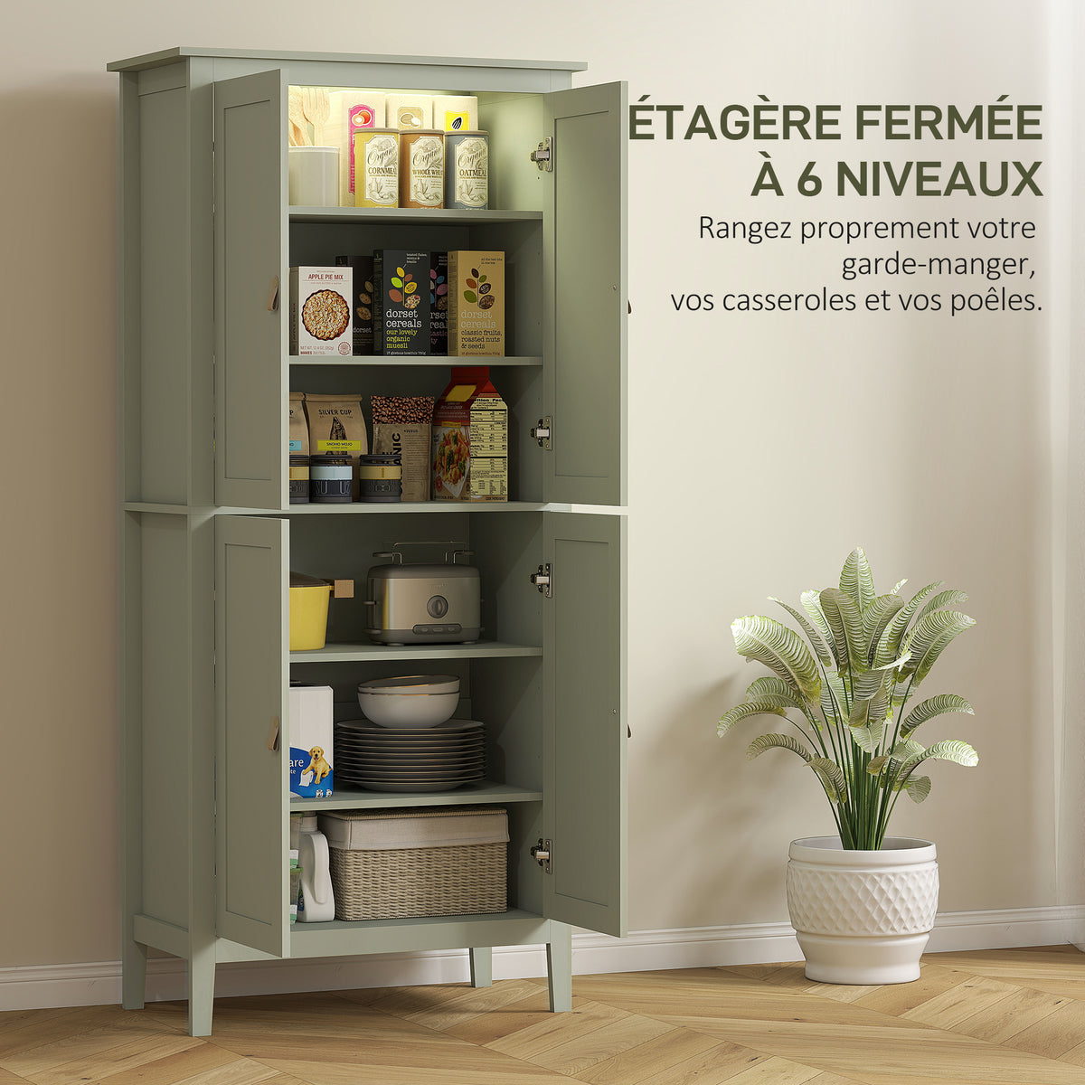 Buffet cuisine, meuble cuisine rangement haut avec LED réglable et détecteur de mouvement, 80 x 40 x 176,5 cm, vert-4
