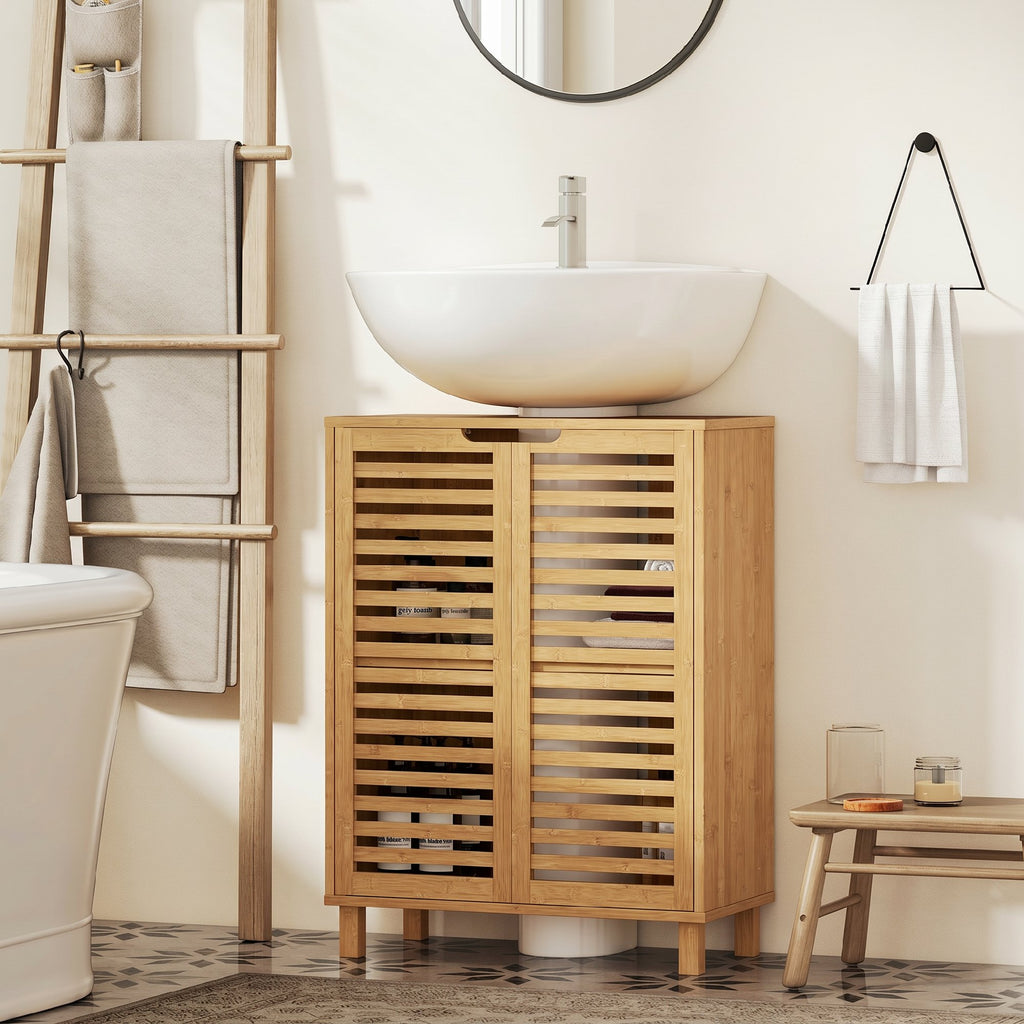Meuble sous Lavabo en Bambou, Meuble de Salle de Bain avec 2 Portes Persiennes, Étagère Réglable, Bois Naturel-8