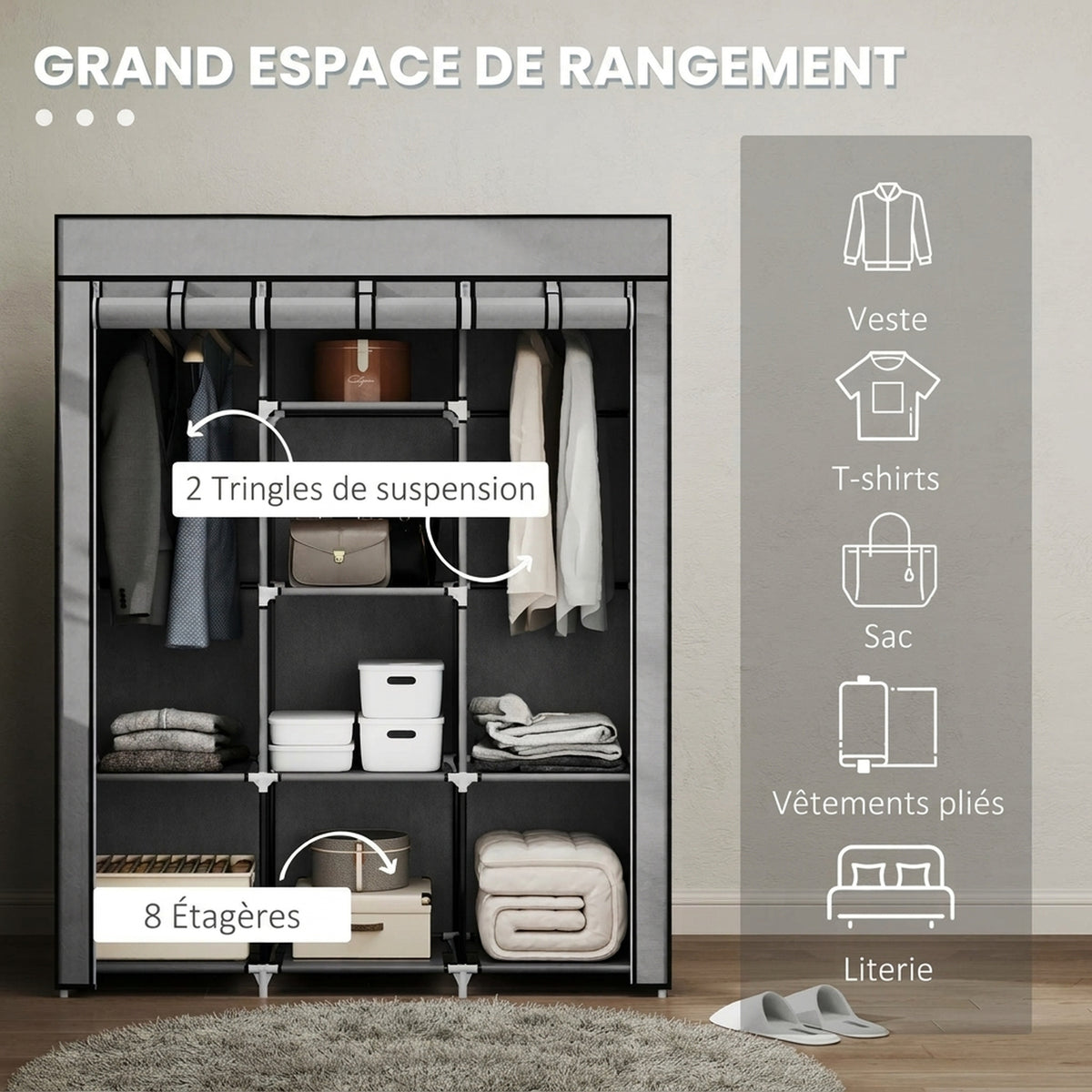 Armoire penderie multi-rangement - 8 étagères, 2 barres - non tissé gris clair-3