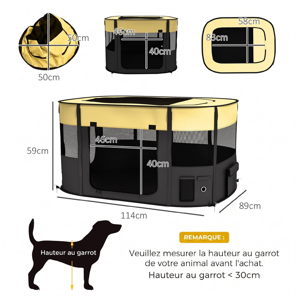 Parc pliable pour animaux de compagnie parc pour chiots en tissu Oxford avec fenêtres et portes sac de rangement jaune-2