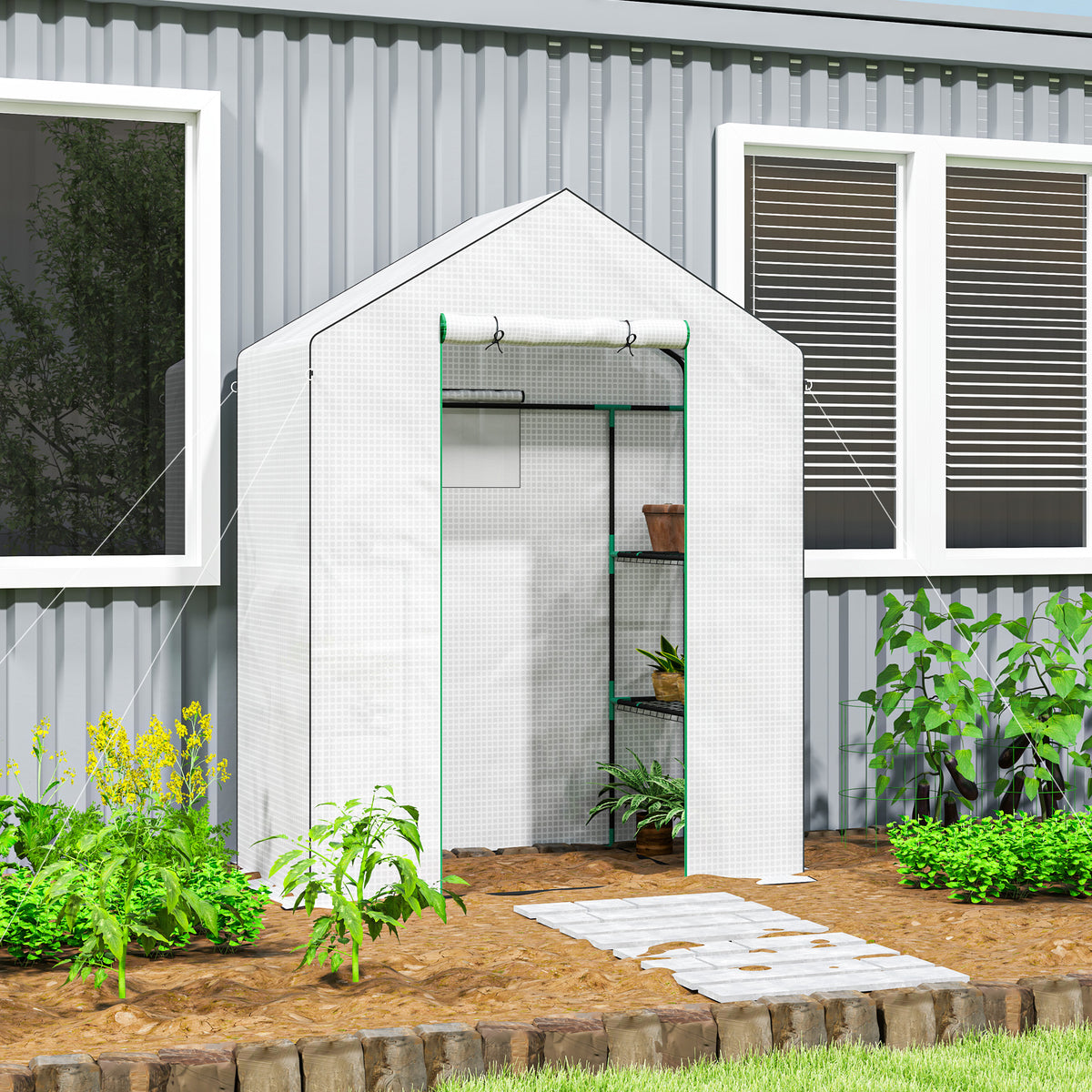 Serre de jardin avec 1 porte 1 fenêtre étagères 3 niveaux pour Légumes Plantes Fleurs Bâche PE 143 x 74 x 190 cm blanc-1