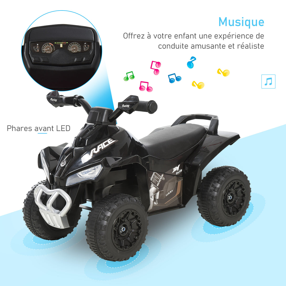 Porteur Enfants Quad 18-36 Mois dim. 67L x 38l x 44H cm Effets Lumineux et sonores Noir-3