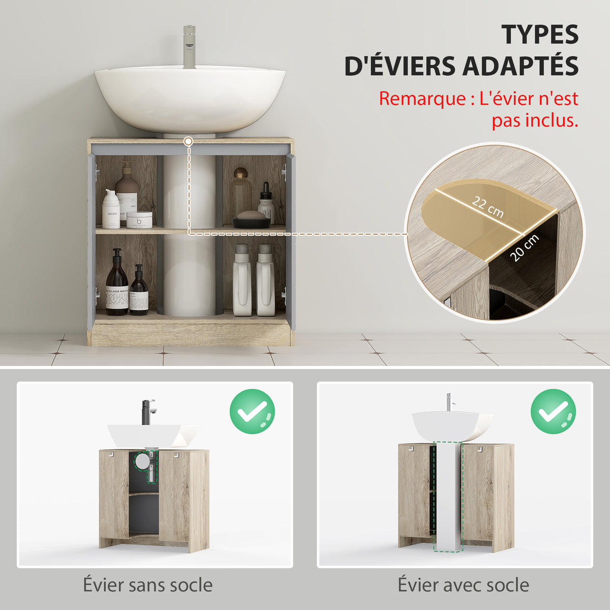 Meuble salle de bain sous Lavabo - meuble sous-vasque - placard 2 portes avec étagère - 60L x 30l x 59,8H cm-3