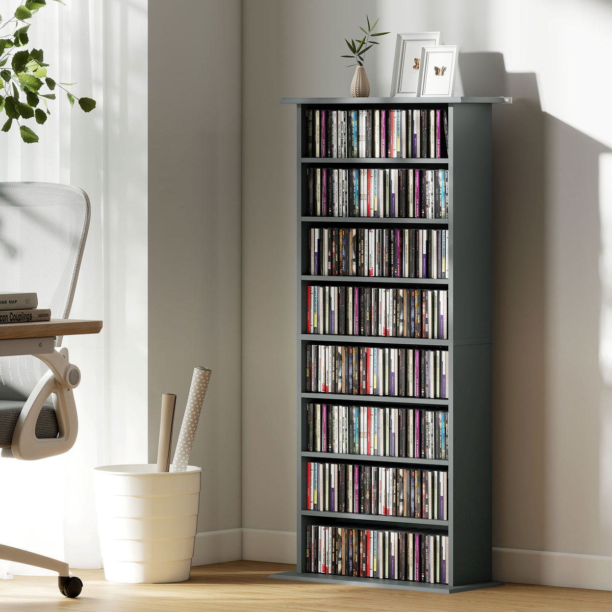 Rangements pour CD et DVD avec 8 compartiments et 6 étagères réglables, capacité max. 360 CD/185 DVD et Blu-ray, gris-1