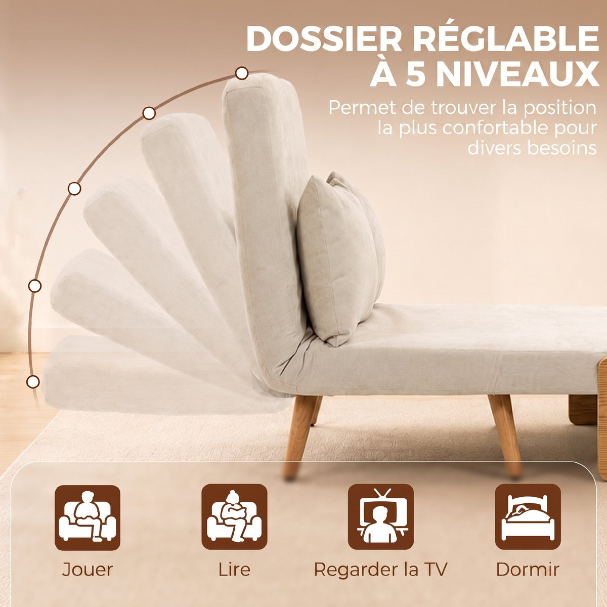 Canapé Convertible 2 Places, Canapé-Lit 3 en 1 Chenille 103cm, Dossier Réglable, 2 Oreillers, Accoudoirs en Bois, Crème-4