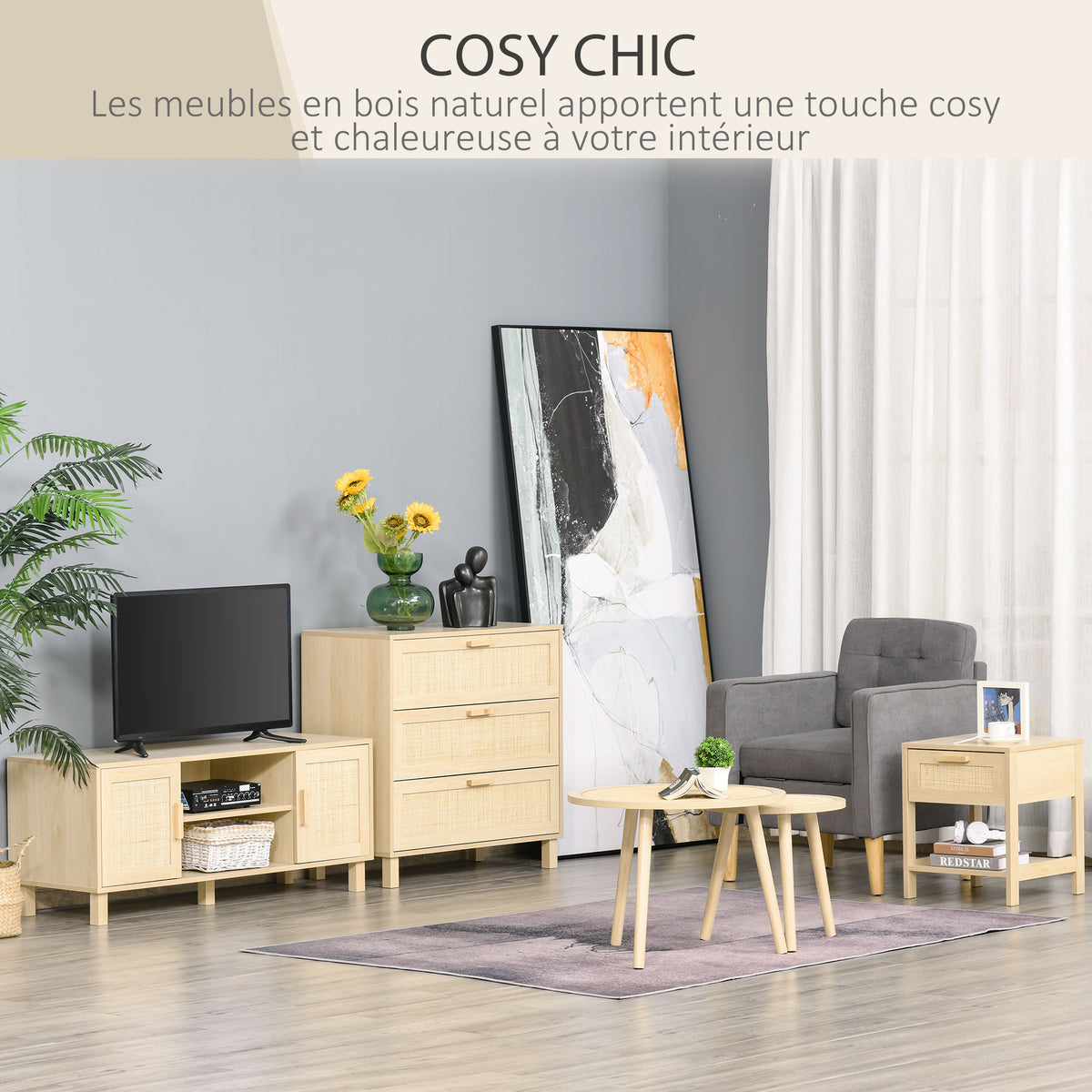 Table de chevet table de nuit avec tiroir et étagère, cannage en rotin, 40L x 40l x 48H cm aspect bois naturel-3