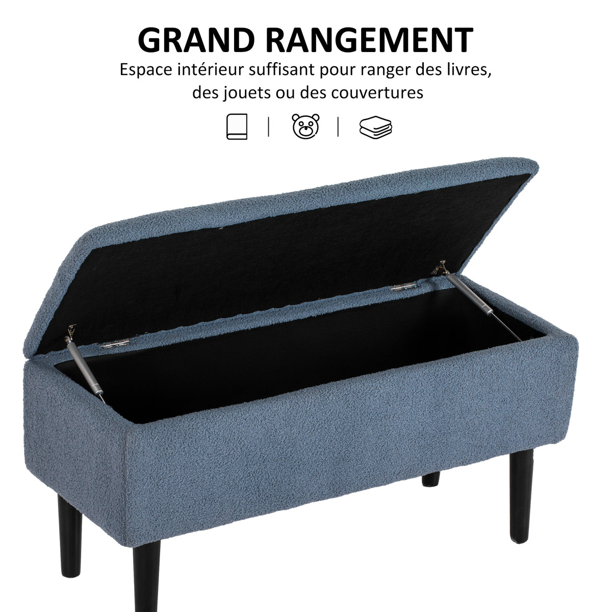 Banc de rangement coffre de rangement revêtement bouclette, pieds en bois de caoutchouc 95 x 38 x 45 cm bleu-3