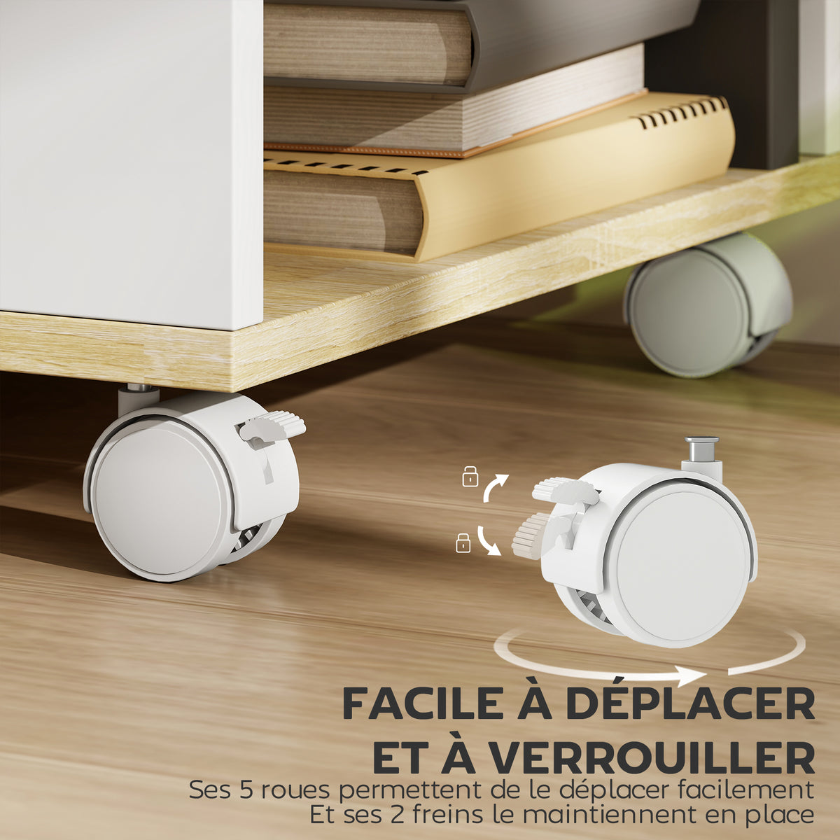 Meuble TV avec roulettes 120 cm, meuble télé pour téléviseur jusqu'à 55 pouces, 2 étagères ouvertes, blanc et naturel-5