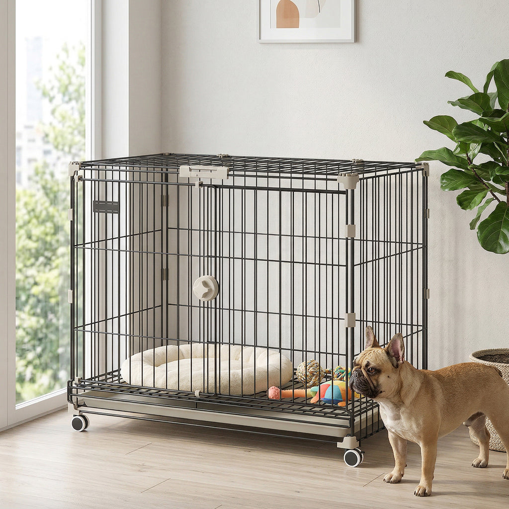 Cage pour Chien, Plateau Amovible, Roues avec Freins, Toit Ouvrant Verrouillable, 75,5x46x64,5cm, Noir-7