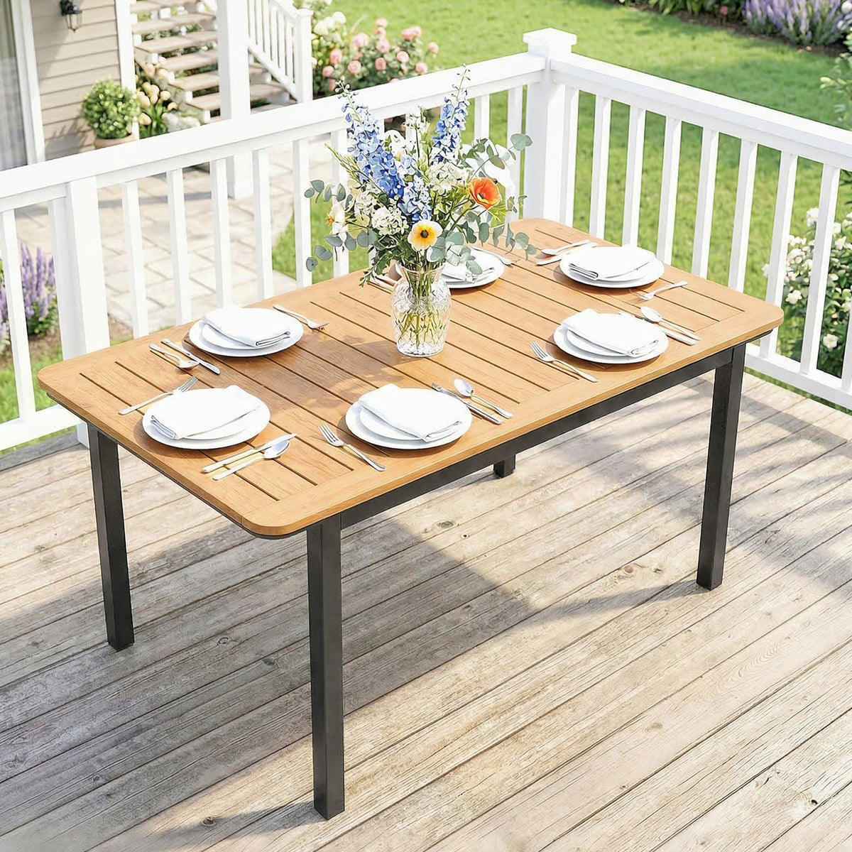 Table de Jardin 6 Personnes Rectangulaire en Bois Composite Cadre en Métal et Plateau à Lattes 127x70cm Marron-1