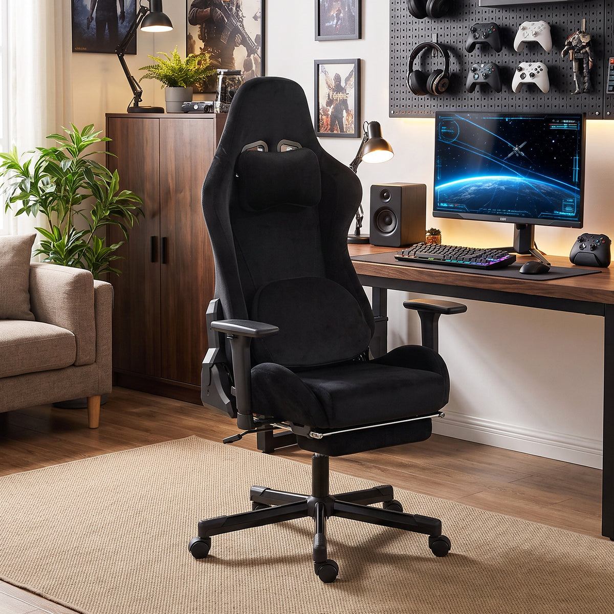 Chaise Gaming Ergonomique Massante et Coussin Lombaire Chauffant, Fauteuil Gaming Inclinable en Lin, Accoudoirs 3D, Noir-1